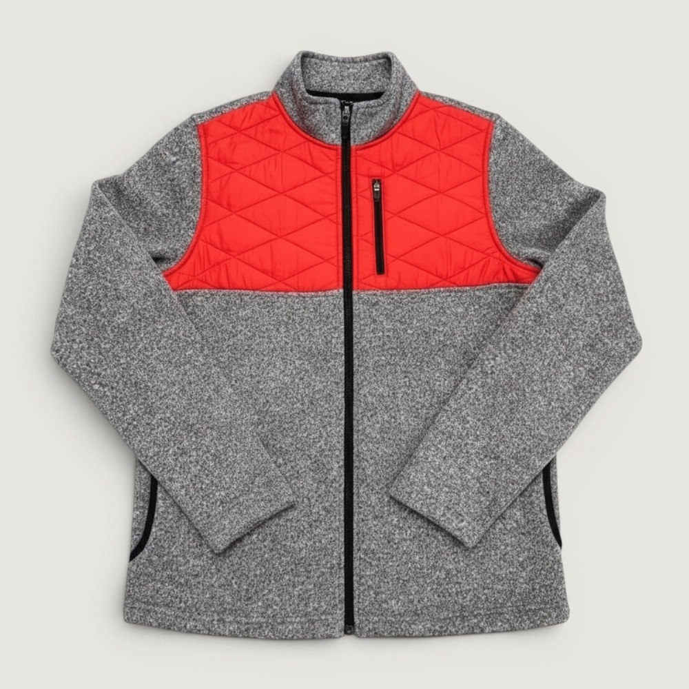ZYIA‎ Active Mens Zip Up Fleece Jacket Quilted Accents Gray Red Size L